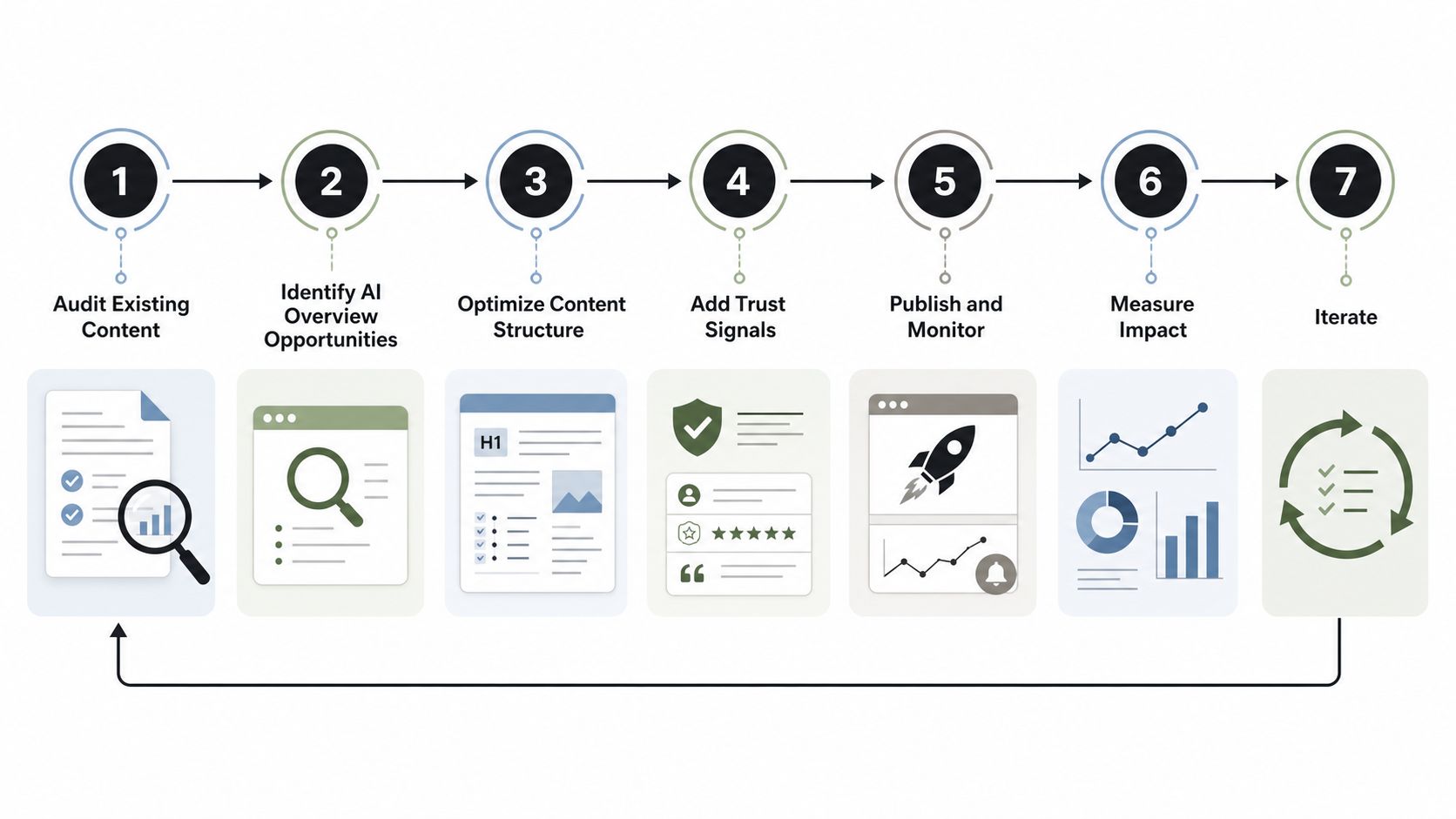 A seven-step process diagram illustrating a strategic workflow for content optimization within AI search results.