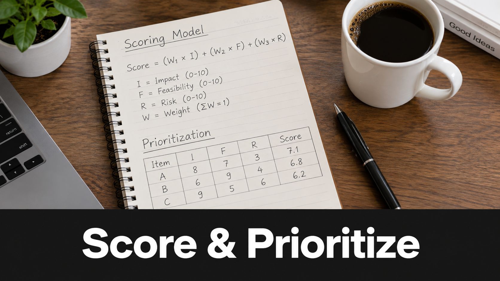 A notepad on a wooden desk showing a scoring model formula and a prioritization table for projects.