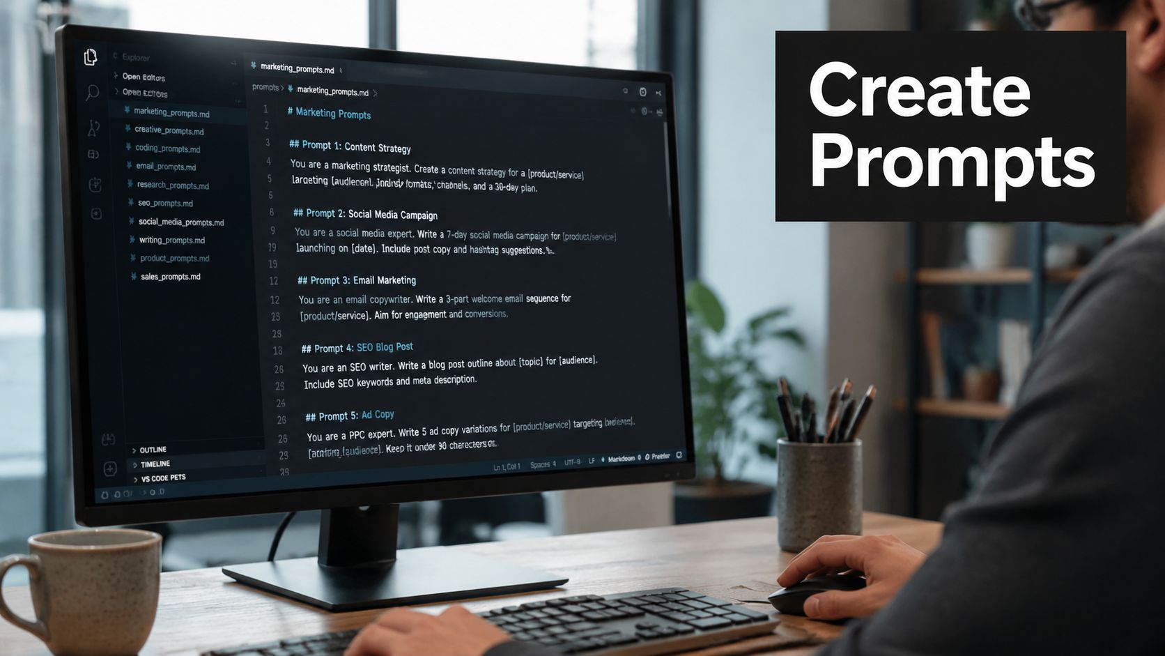 A professional working on a computer screen displaying marketing prompt templates in a code editor interface.