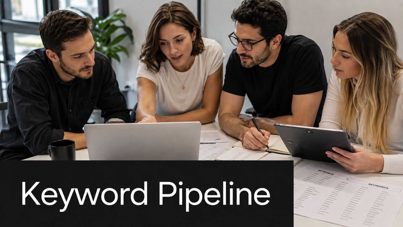 A professional team of four people collaborating together on a marketing project in a bright modern office.