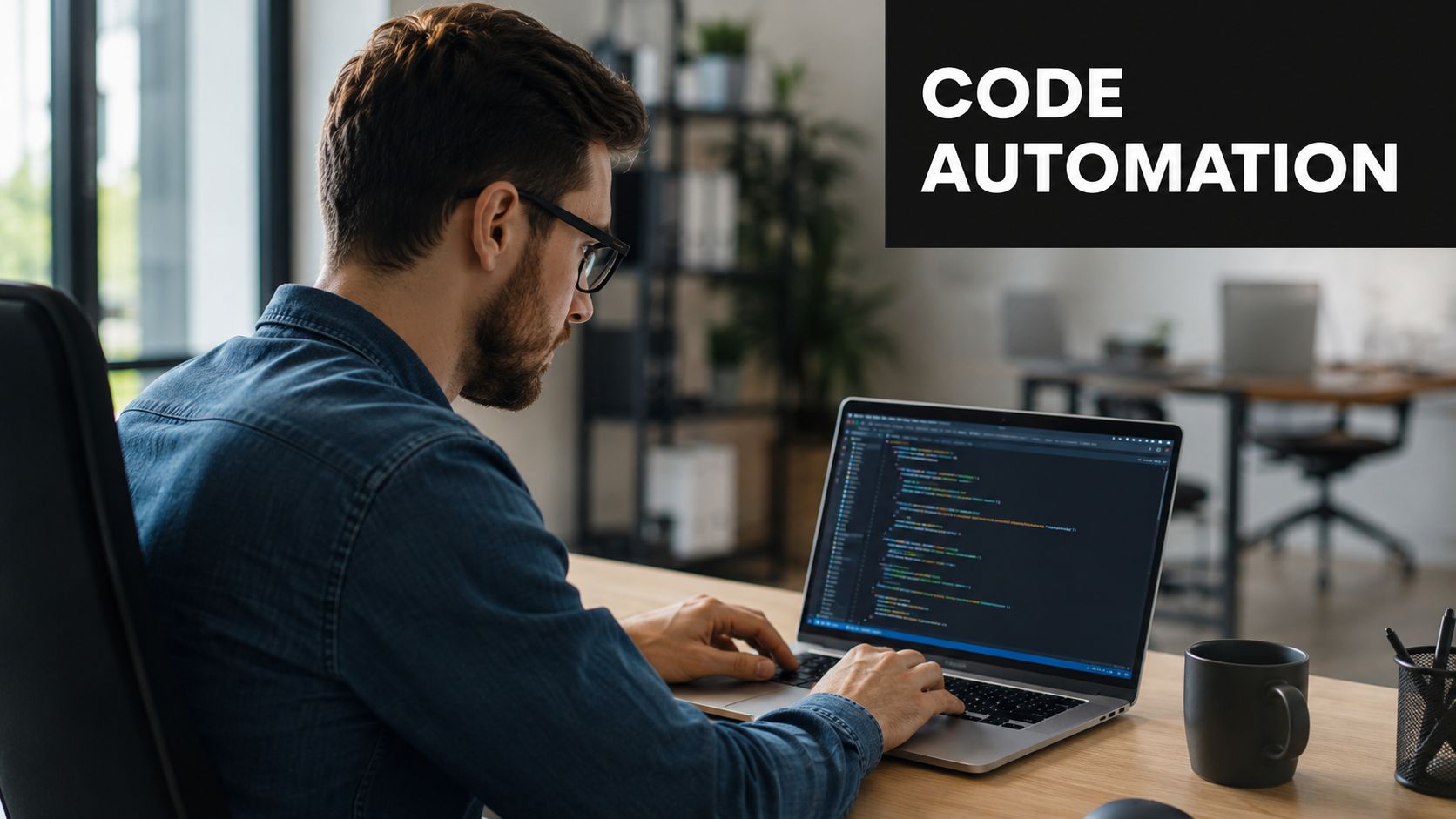 A focused developer working on computer code automation using a laptop at his desk in an office.