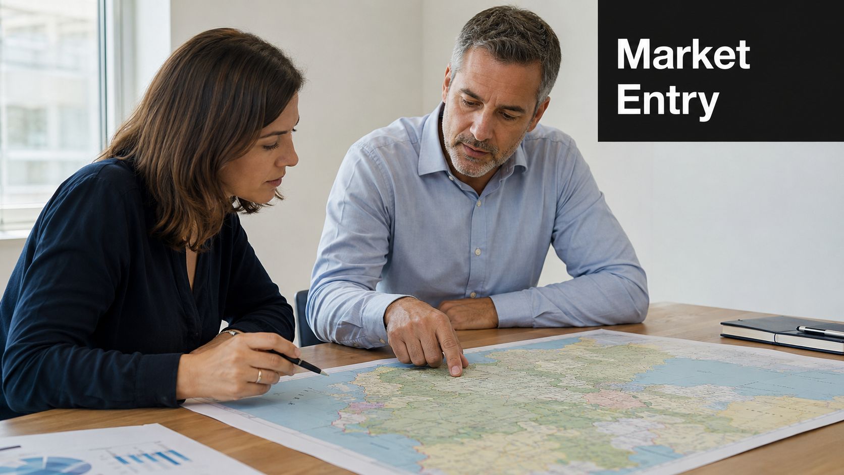 A woman and a man reviewing a large map on a wooden table to plan market entry.