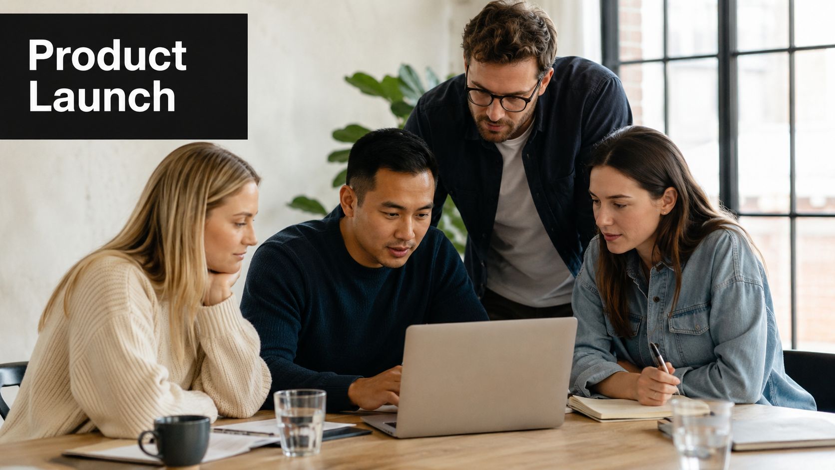 A diverse group of four professionals collaborating on a product launch project using a laptop in office.