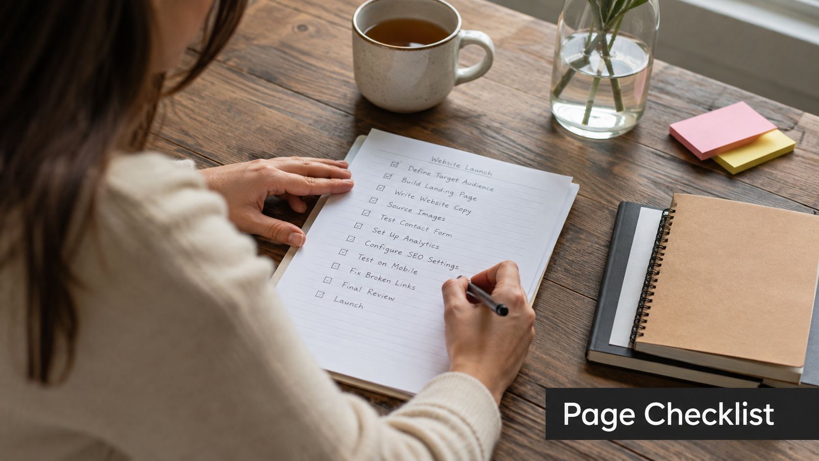 A person checking off tasks on a website launch project plan list on a wooden desk.