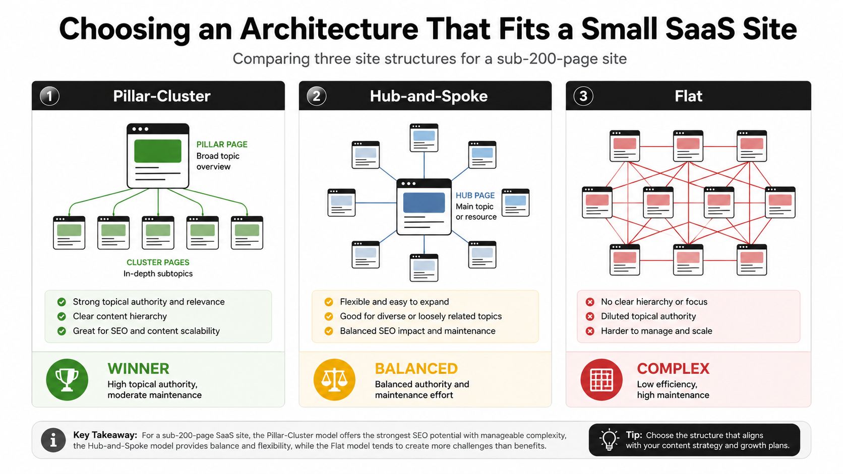 An infographic comparing three website architectures: Pillar-Cluster, Hub-and-Spoke, and Flat for small SaaS businesses.