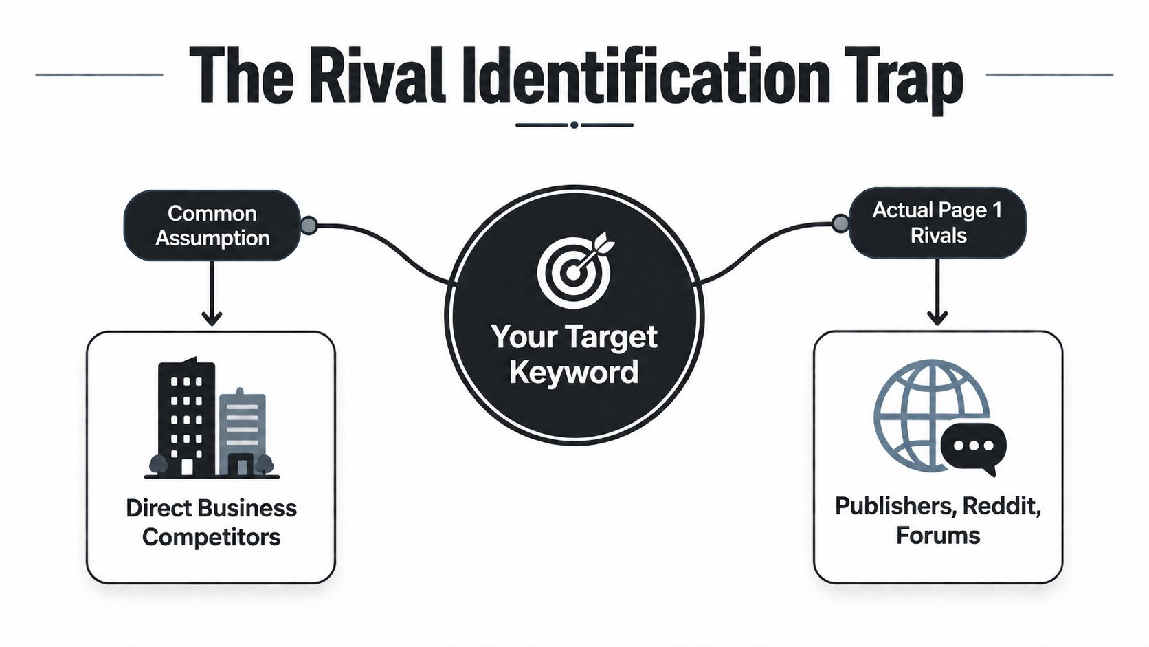 A diagram explaining the rival identification trap between direct business competitors and actual search engine rivals.