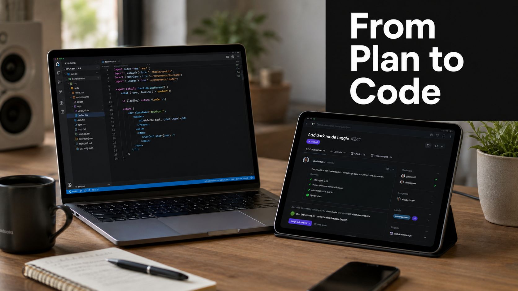 A modern workspace with a laptop displaying code and a tablet showing a GitHub pull request.