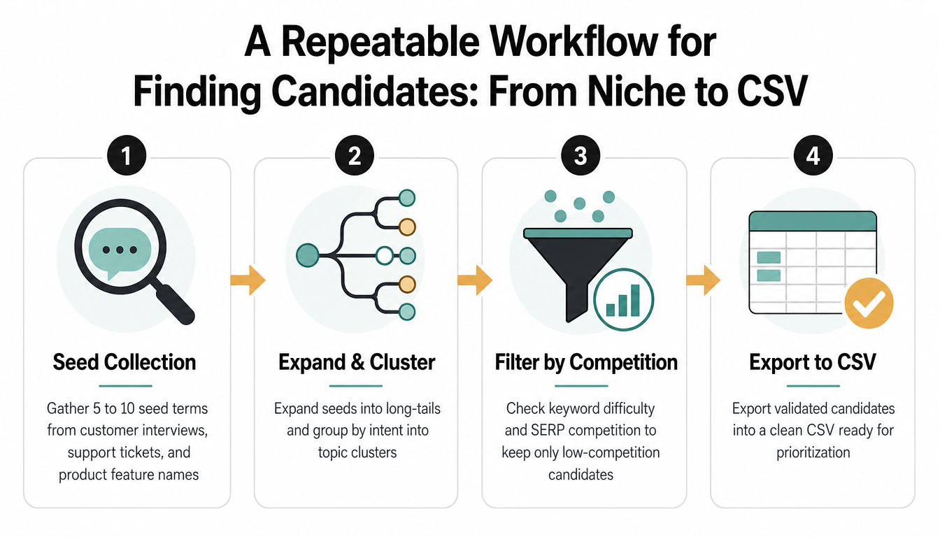 A four step infographic illustrating a repeatable SEO workflow for finding low competition keyword candidates.
