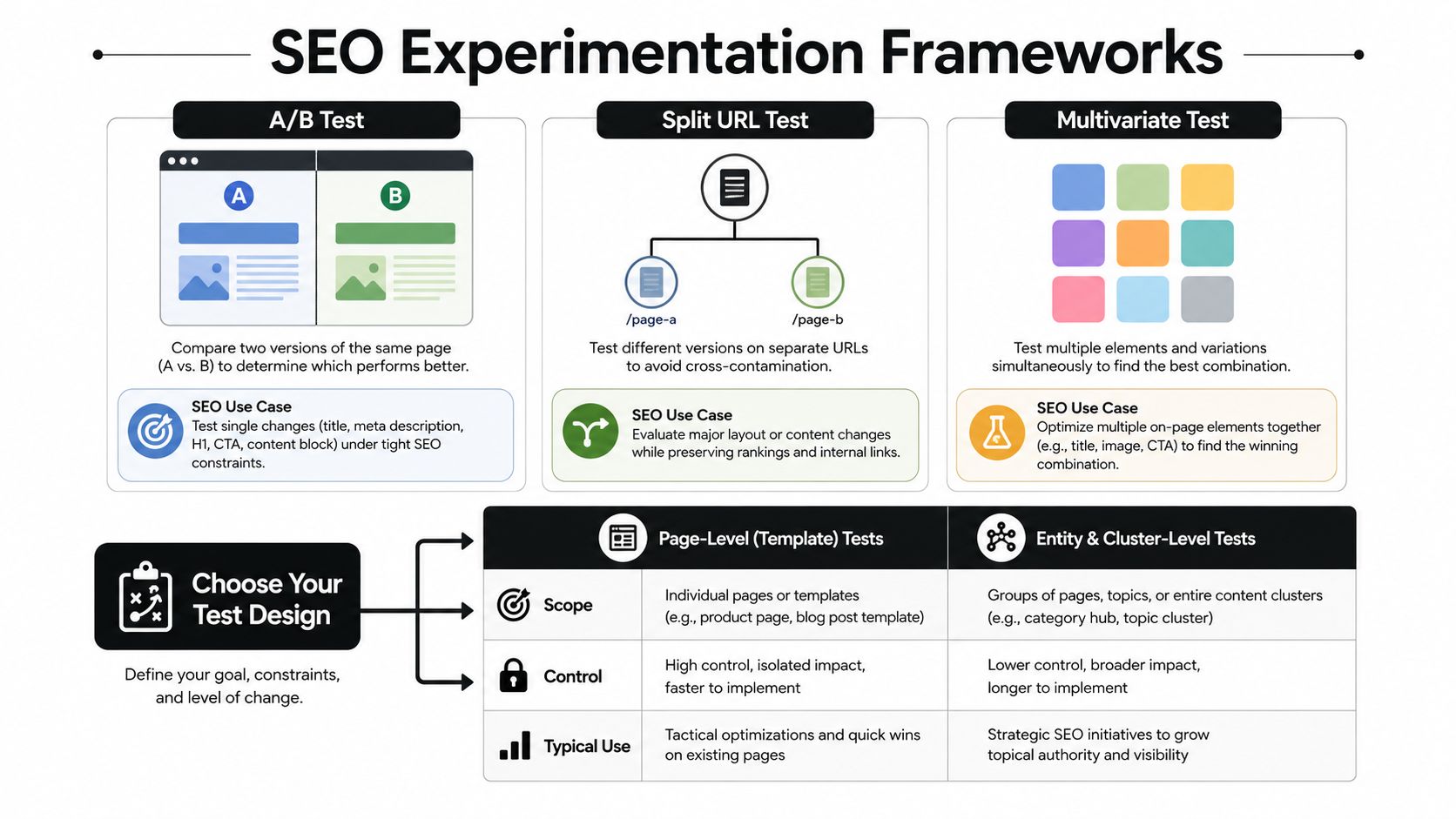 A diagram outlining SEO experimentation frameworks including A/B testing, split URL testing, and multivariate testing strategies.