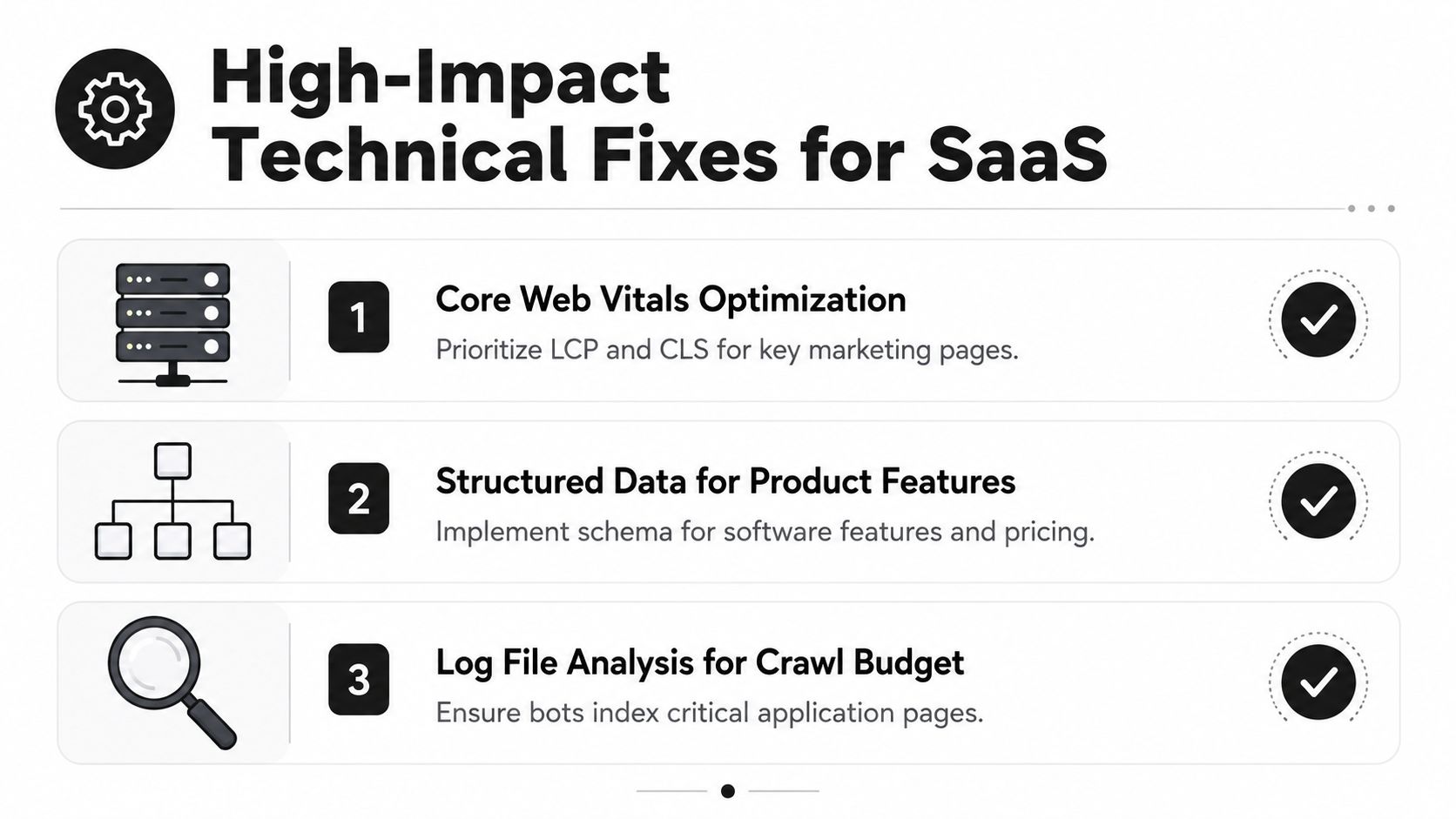 A list of three essential technical SEO strategies to improve search performance for SaaS company websites.