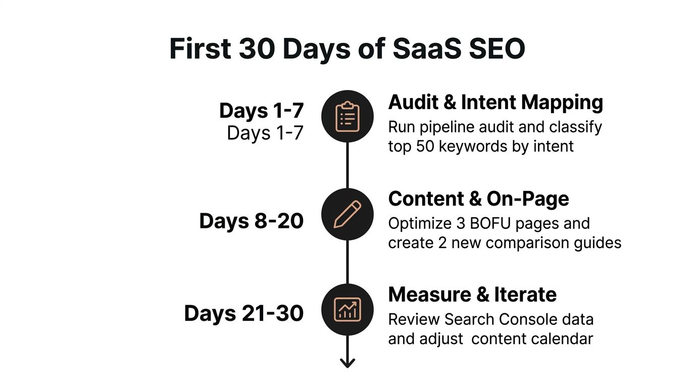 A timeline graphic illustrating a 30-day plan for SaaS SEO, including audit, content optimization, and performance tracking.