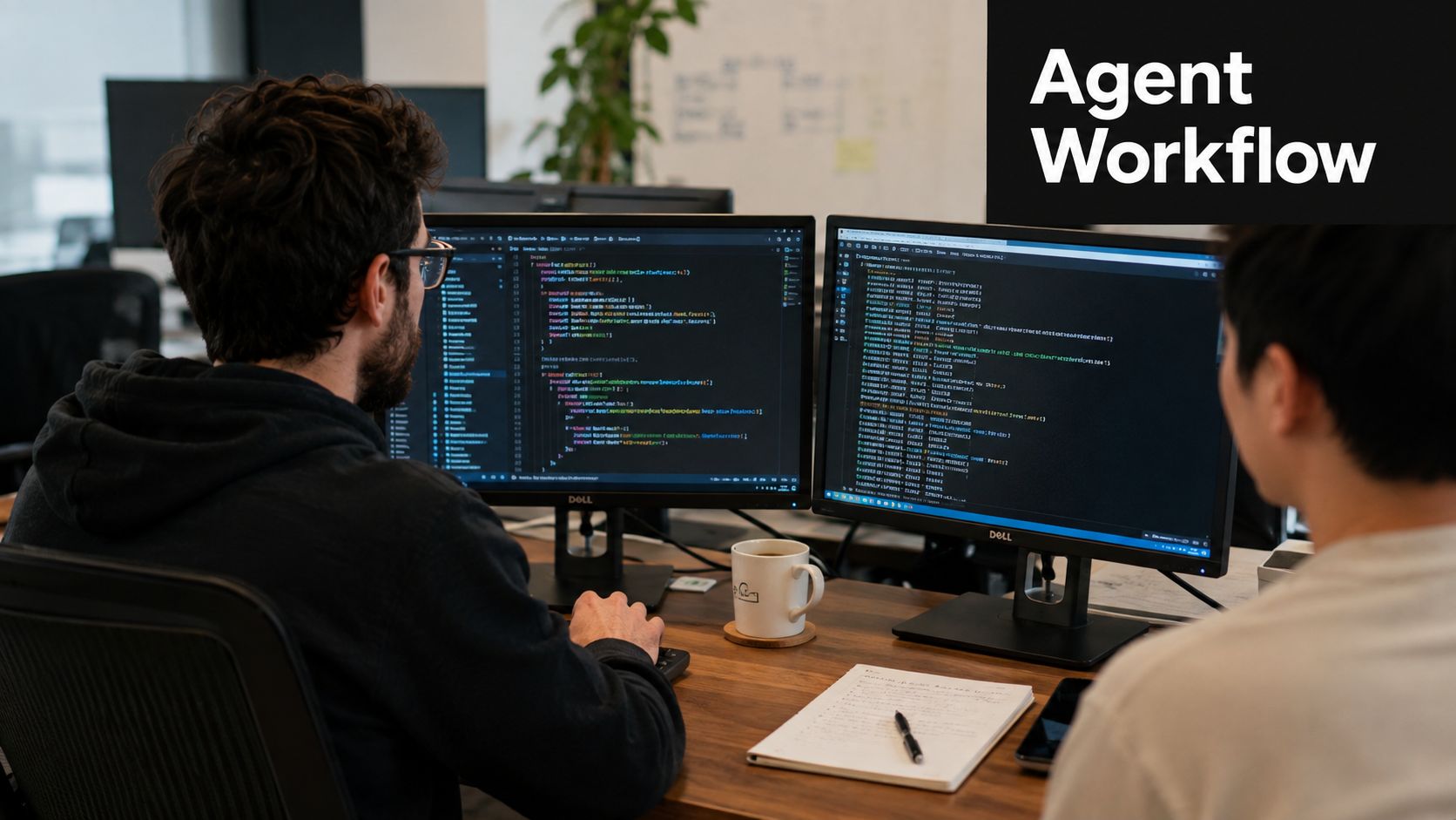 Two software developers sitting at a desk with dual monitors while working on code in an office.